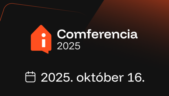 Sötétszürke és narancs háttéren ingatlan.com logó mellett "Comferencia 2025" felirat, alatta a 2025. október 16. dátum.