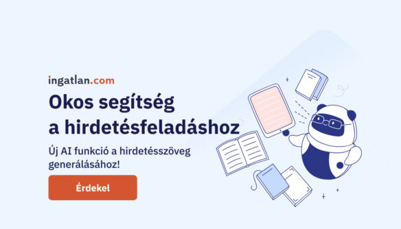 A hirdetésszöveg-generáló funkció borítóképe. Világoskék háttéren egy stilizált robot könyvekkel és füzetekkel.