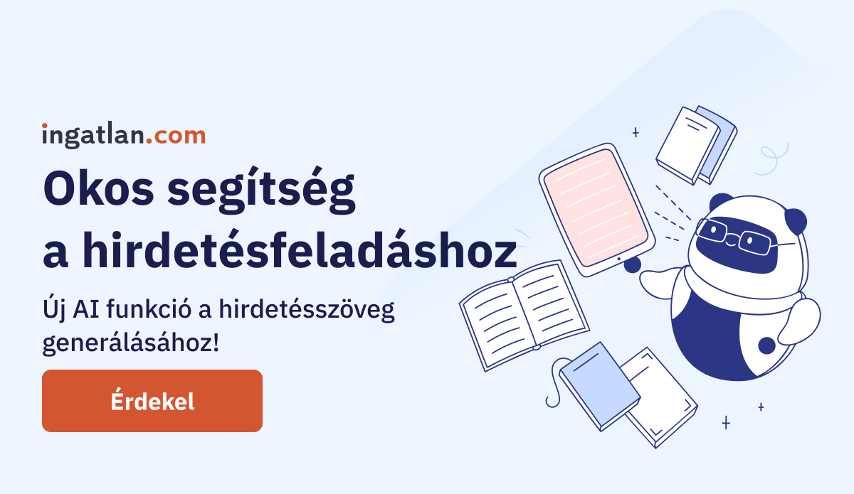 A hirdetésszöveg-generáló funkció borítóképe. Világoskék háttéren egy stilizált robot könyvekkel és füzetekkel.