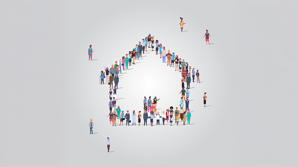 Különböző korú, foglalkozású és öltözetű emberek csoportja madártávlati nézetből egy stilizált ház formáját rajzolja ki. A ház körvonalát emberek alkotják, néhány figura pedig elszórtan a formán kívül áll. A háttér világosszürke és letisztult.