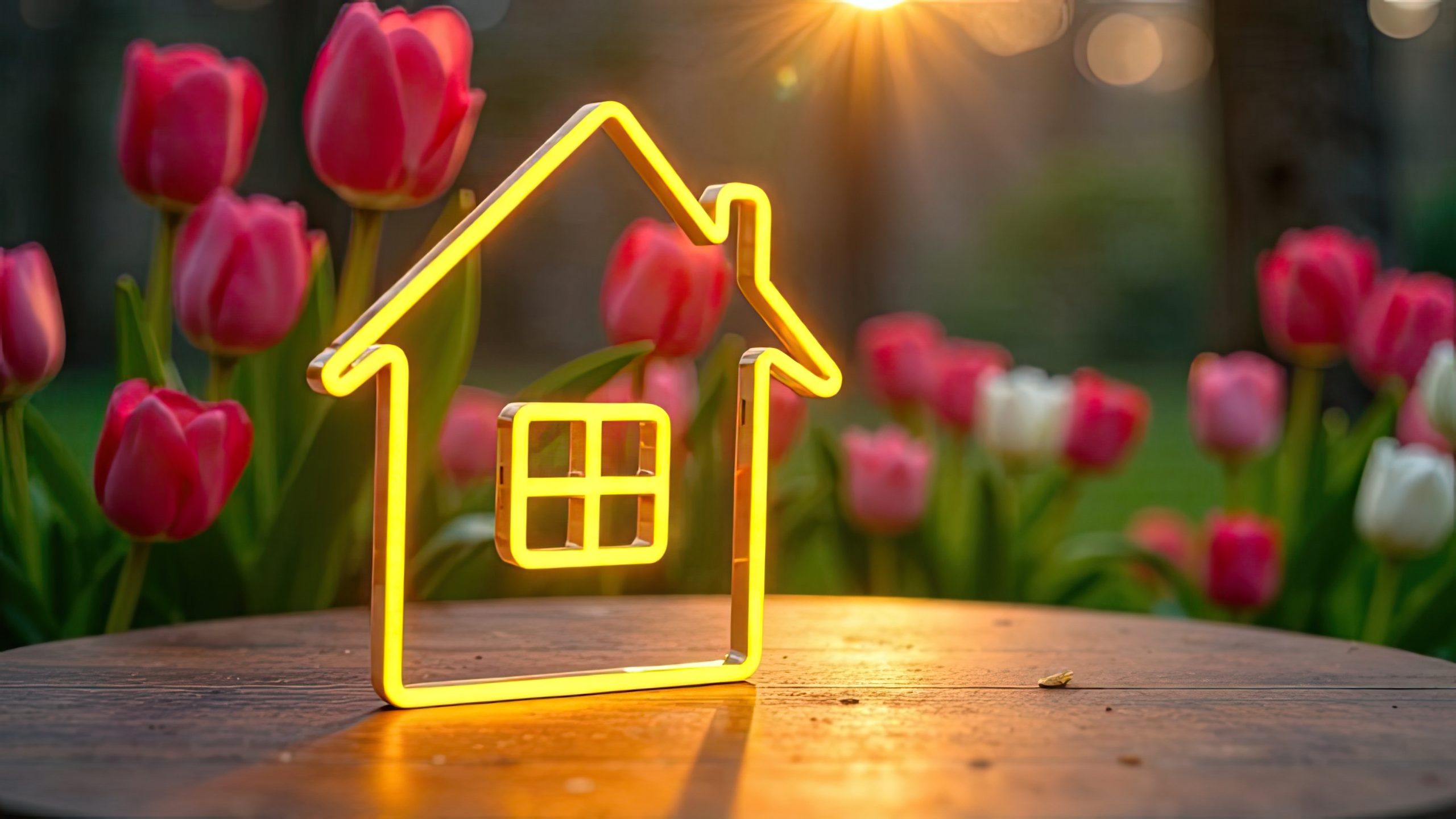 Világító, sárga neon hatású ház szimbólum áll egy faasztalon, háttérben virágzó tulipánokkal és napsütéssel. A kép meleg, tavaszi hangulatot áraszt, és az otthon, ingatlan vagy lakásvásárlás pozitív, reményteljes szimbolikáját jeleníti meg.